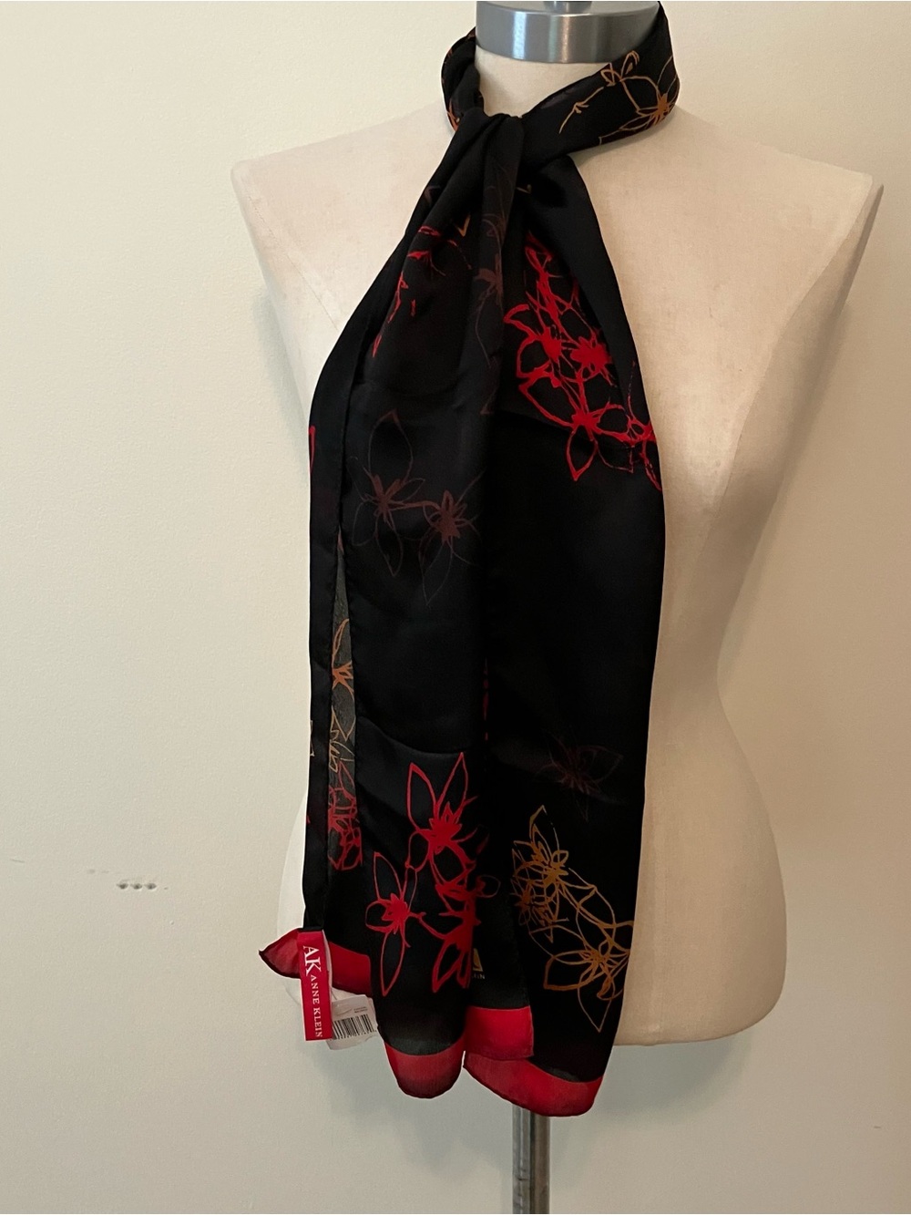 VTG Silk Anne Klein Black Abstract Floral Scarf Rectangle 10 X 58in NWT
